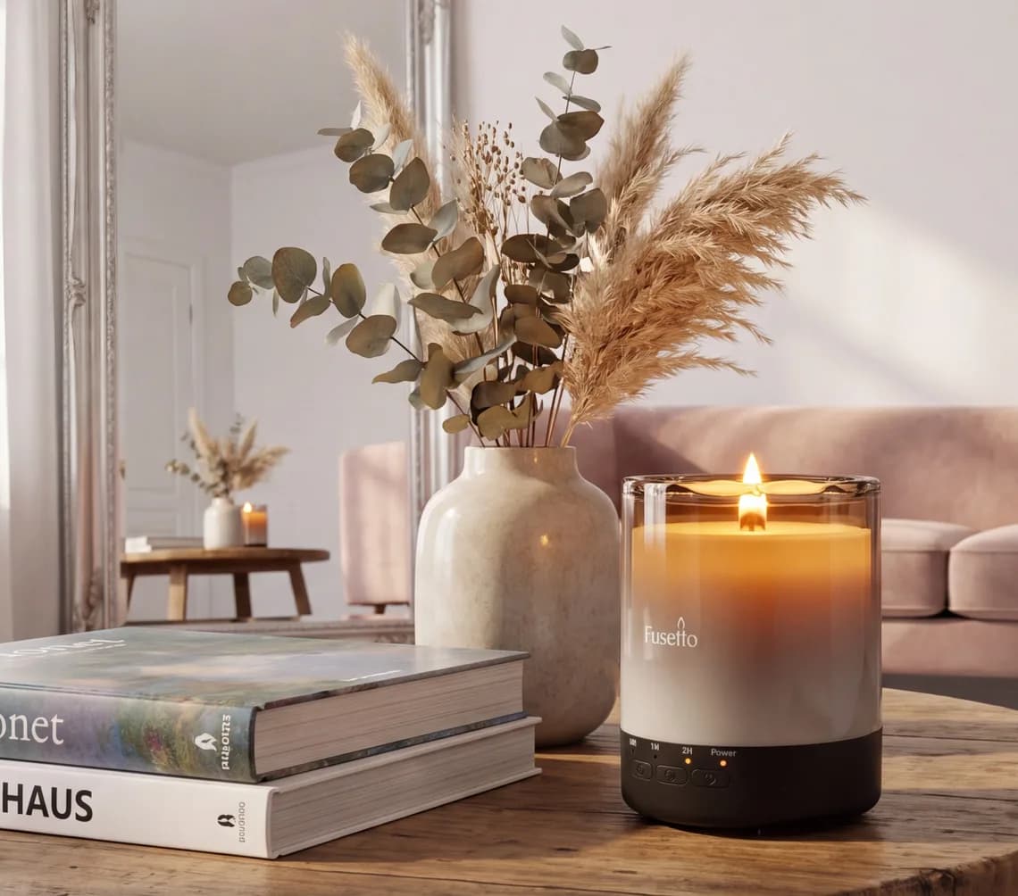 Fusetto geurkaars op een houten salontafel